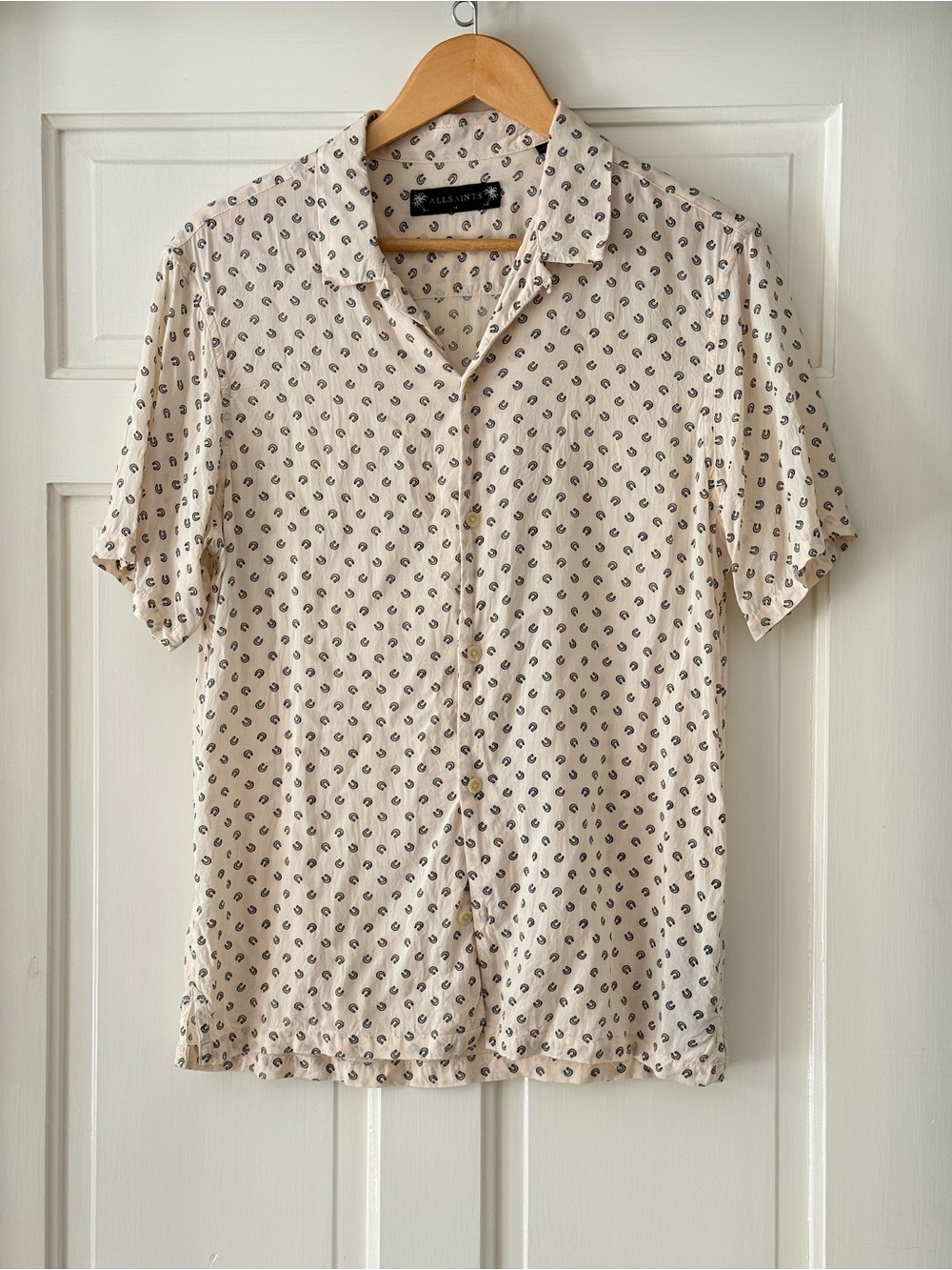 All Saints Beige Short-Sleeve Button-Down Shirt with Navy Dot Print